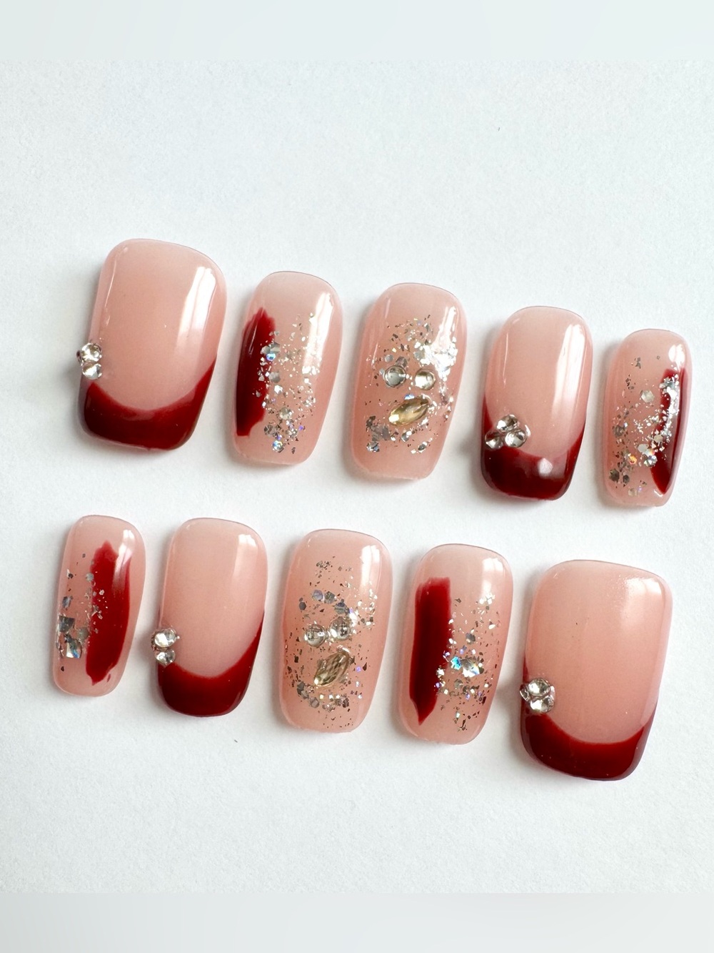 Nude & Burgundy Rhinestone Press-On Nails